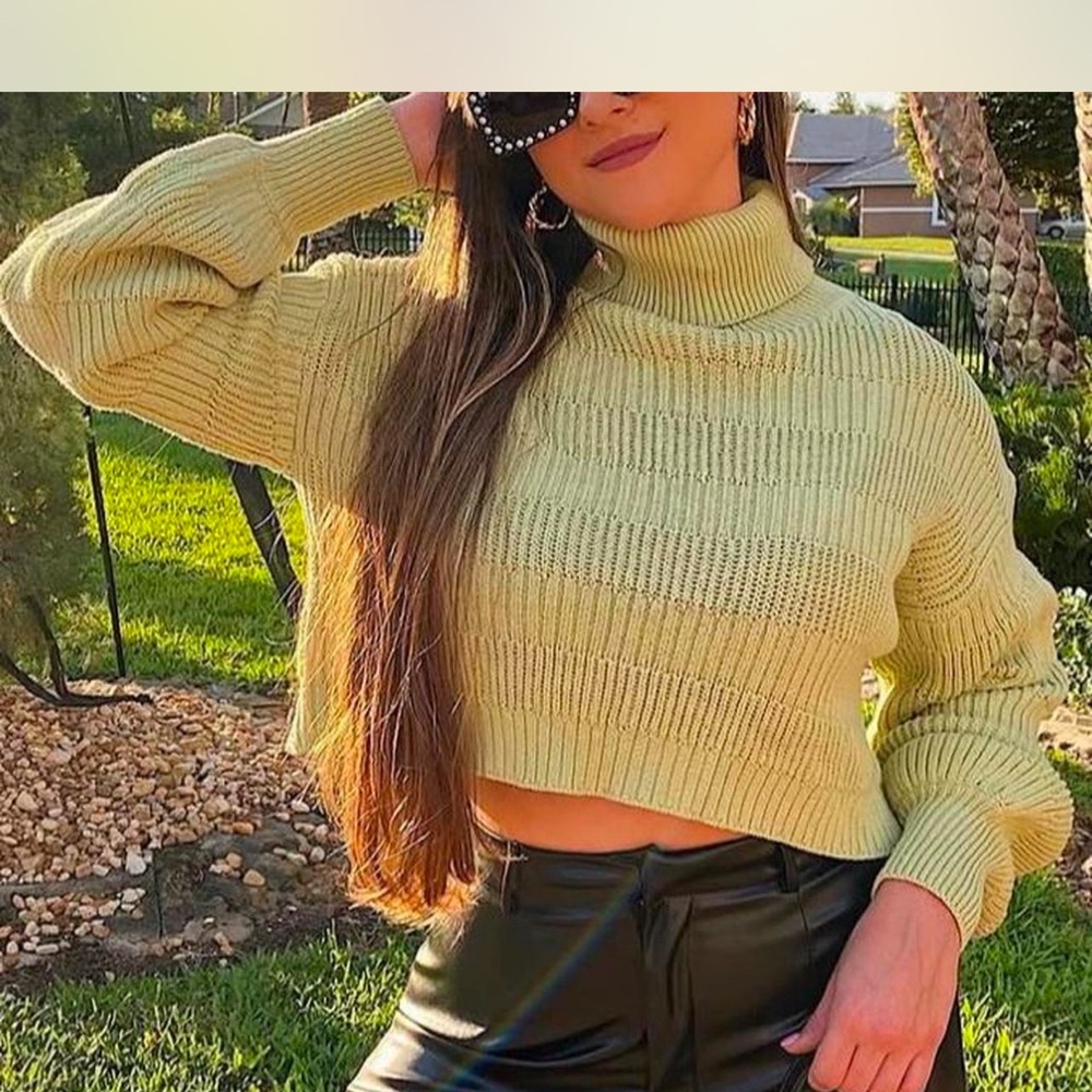 Women's Light Green Turtleneck Cropped Sweater